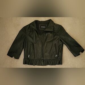 MAX&Co Black Leather Cropped Jacket Sz Xs S Bolero Jacket Ruffles 3/4 Sleeve
